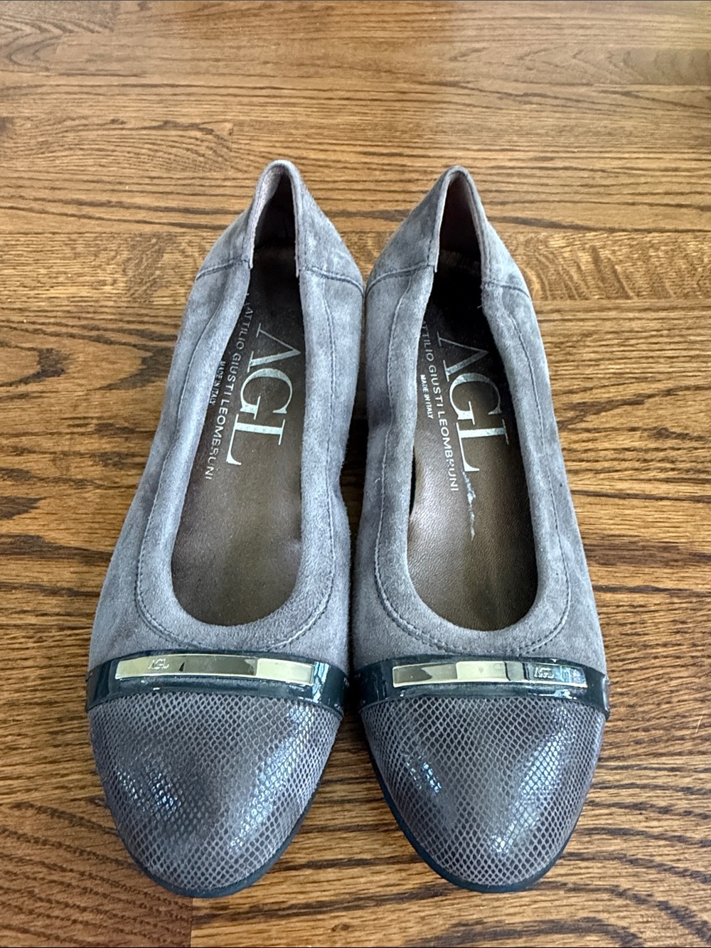 AGL Beige Suede and Textured Toe Ballet Flats with Metallic Trim